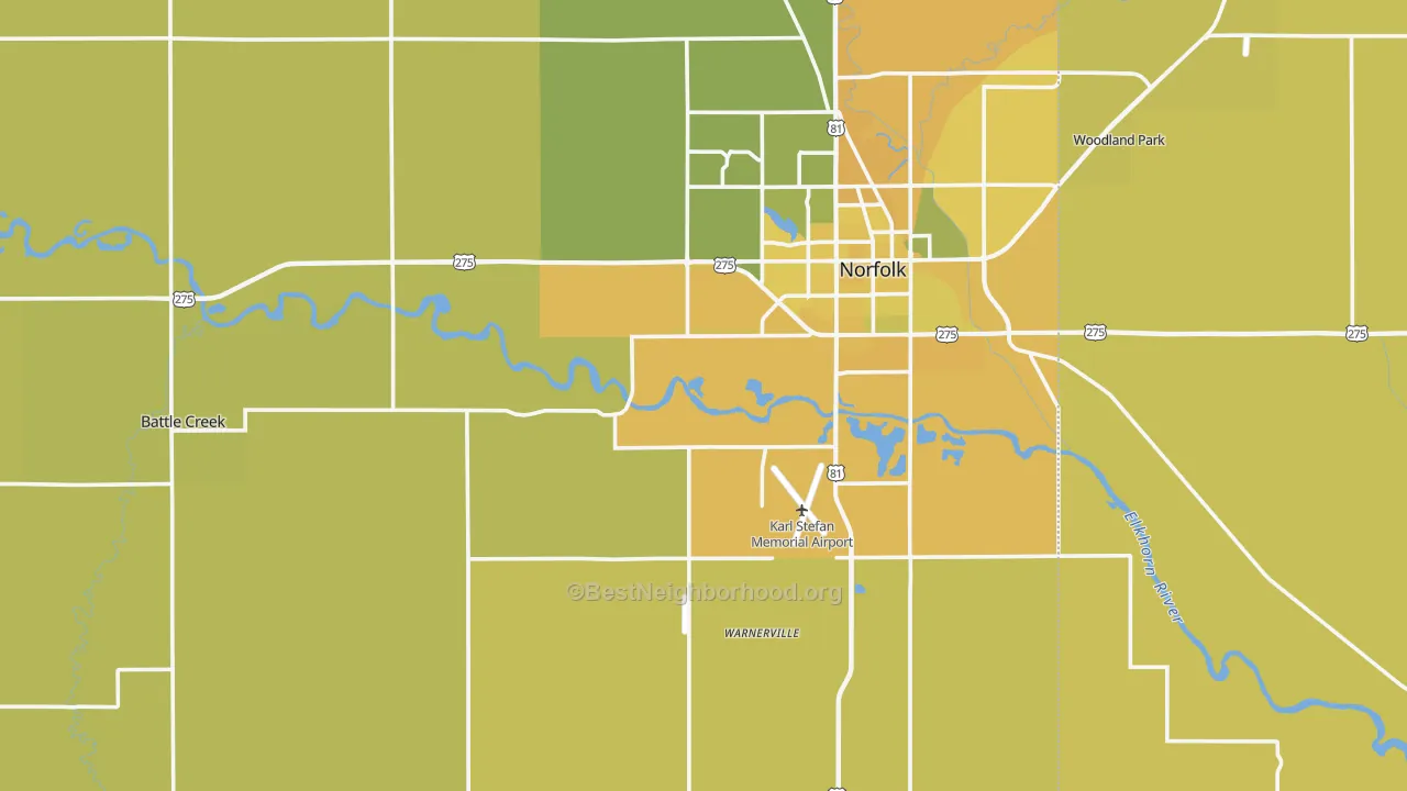 Map of the best neighborhoods in the Madison County area, with better matches in green and worse matches in red