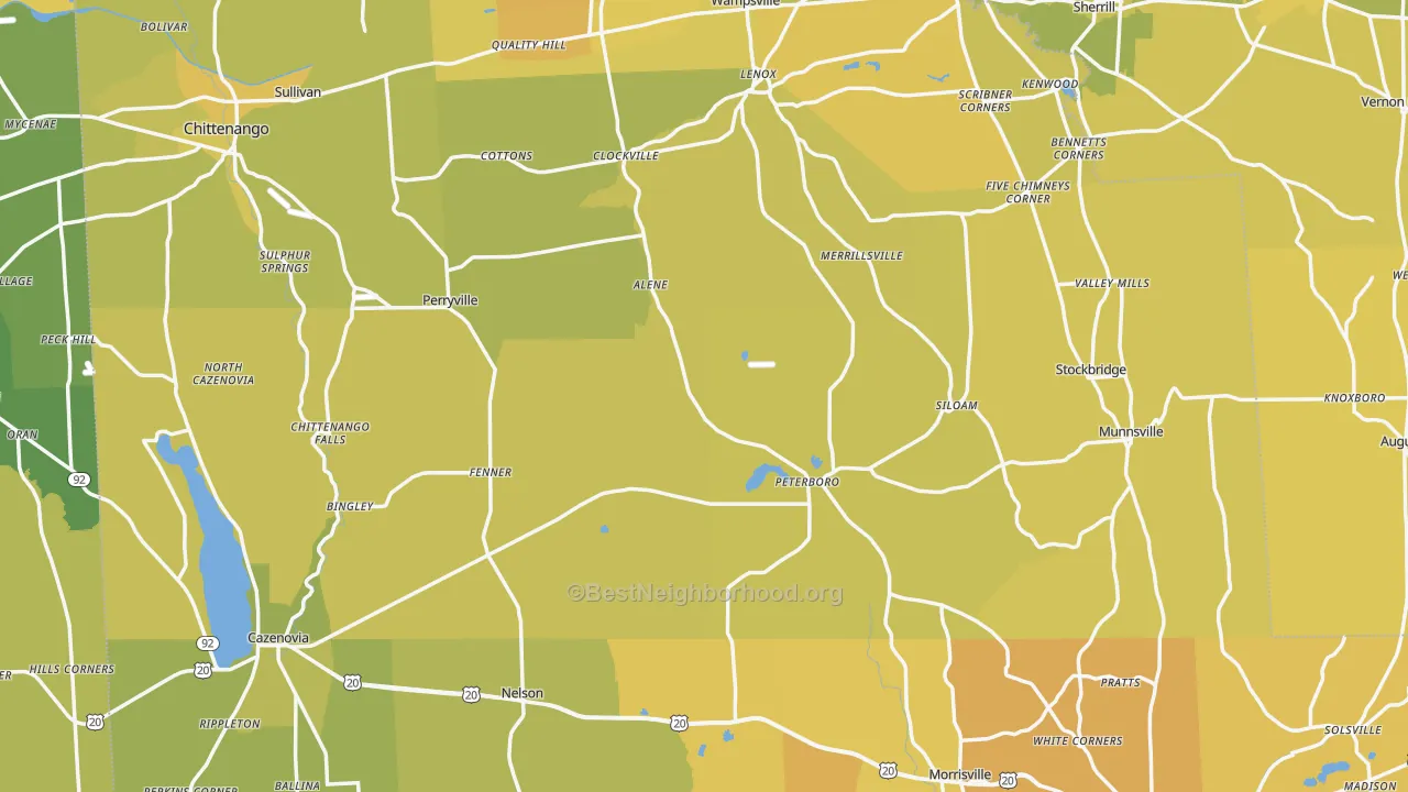 Map of the best neighborhoods in the Madison County area, with better matches in green and worse matches in red