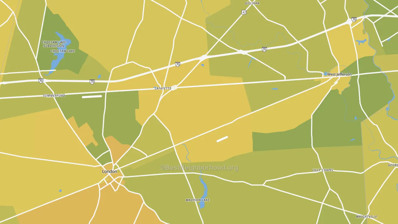 Map of the best neighborhoods in the Madison County area, with better matches in green and worse matches in red