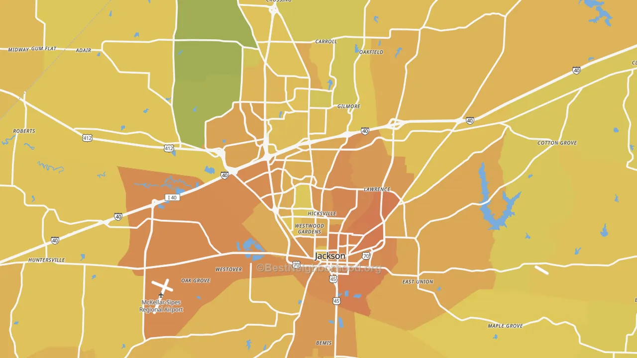 Map of the best neighborhoods in the Madison County area, with better matches in green and worse matches in red