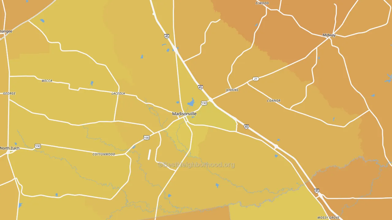 Map of the best neighborhoods in the Madison County area, with better matches in green and worse matches in red