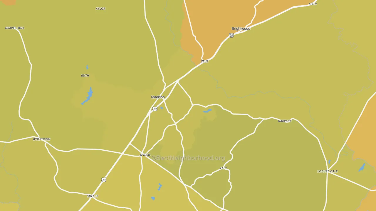 Map of the best neighborhoods in the Madison County area, with better matches in green and worse matches in red