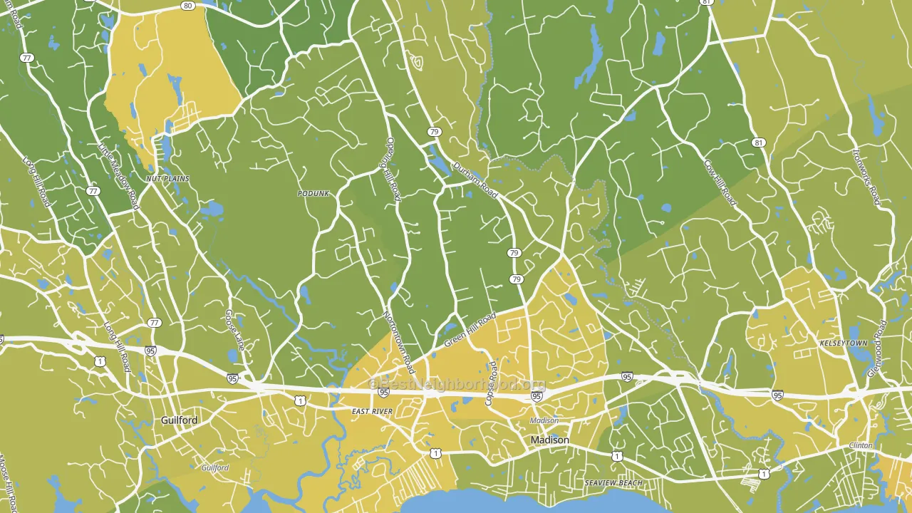 Map of the best neighborhoods in the Madison area, with better matches in green and worse matches in red