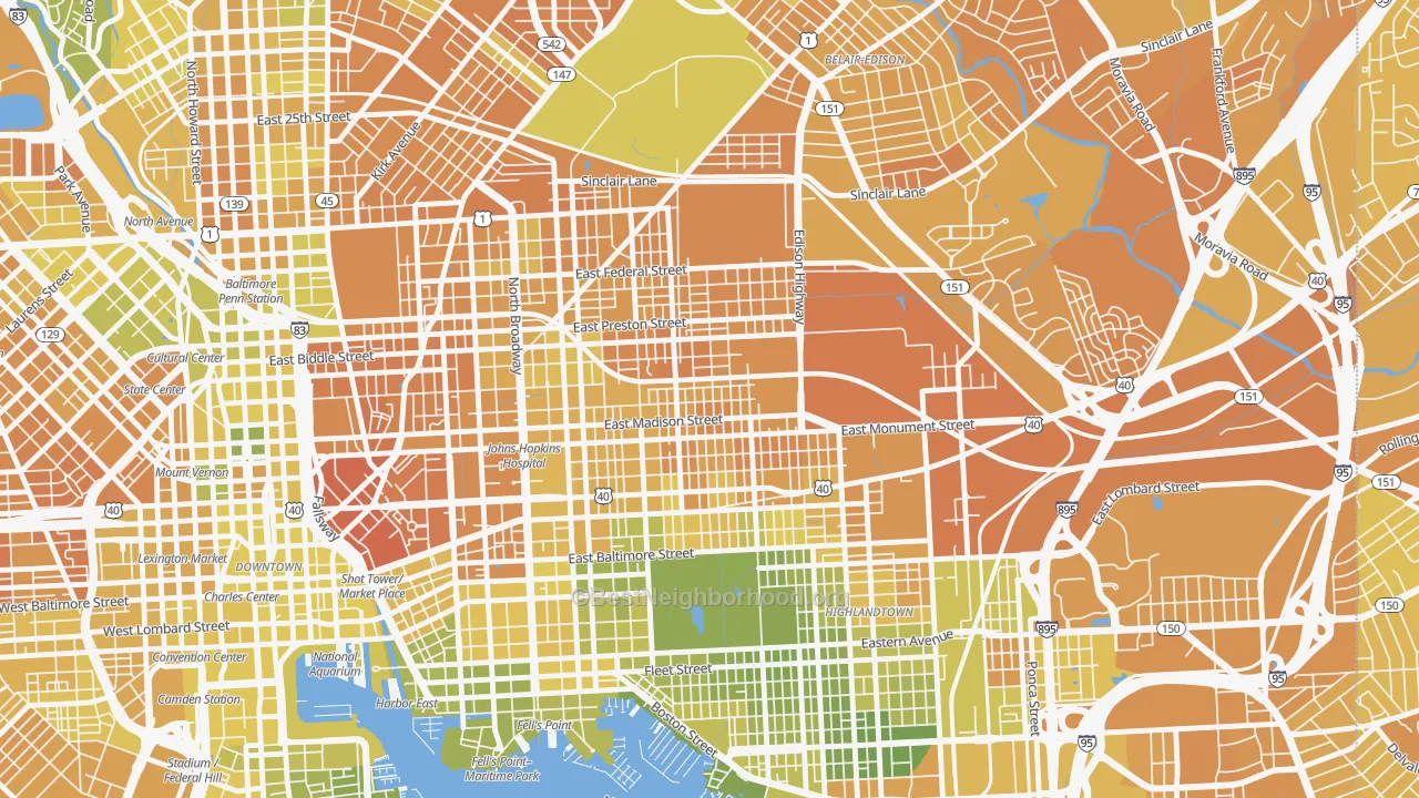 Map of the best neighborhoods in the Madison-Eastend, Baltimore area, with better matches in green and worse matches in red