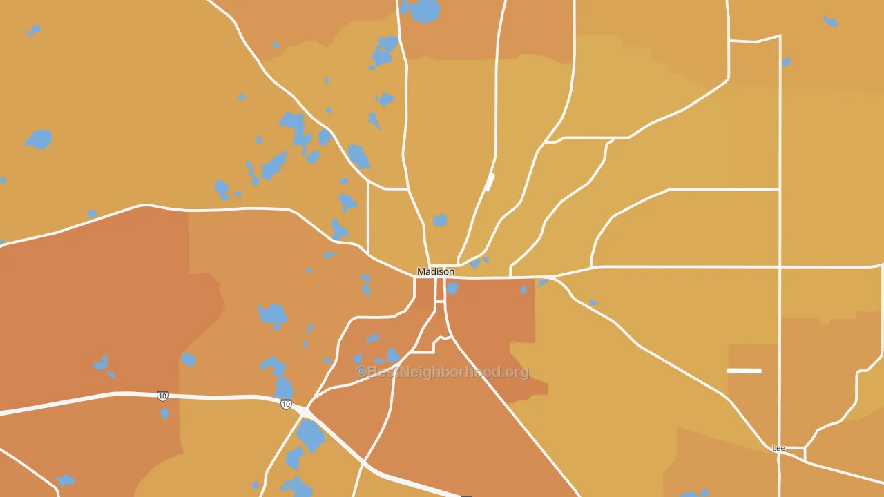 Map of the best neighborhoods in the Madison area, with better matches in green and worse matches in red