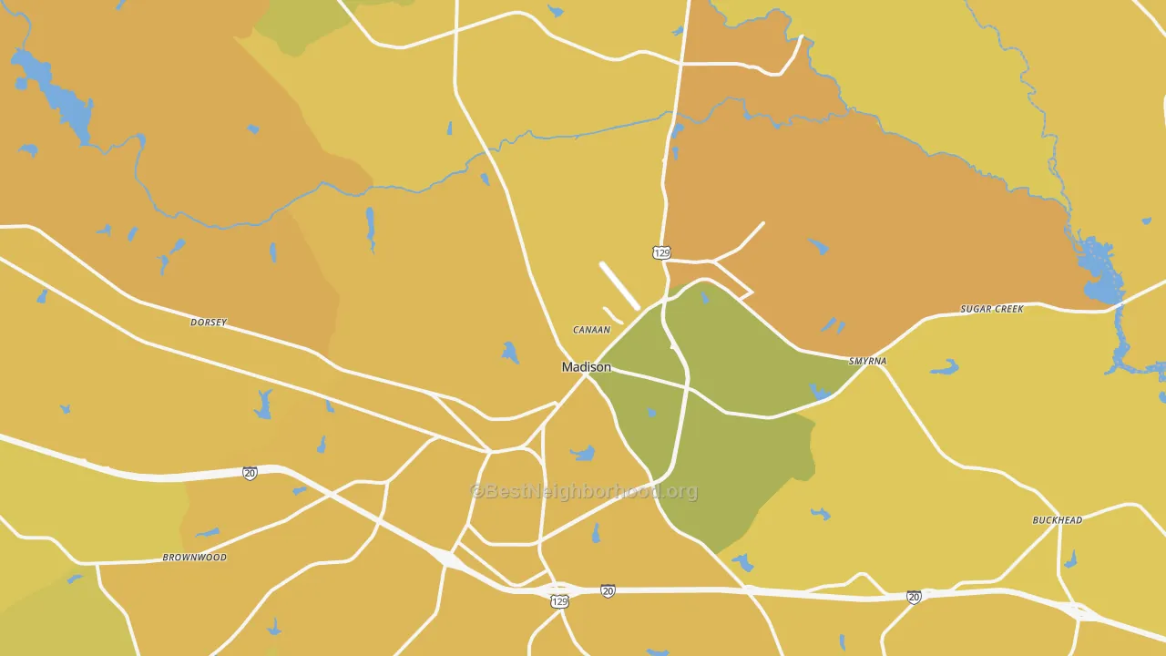 Map of the best neighborhoods in the Madison area, with better matches in green and worse matches in red