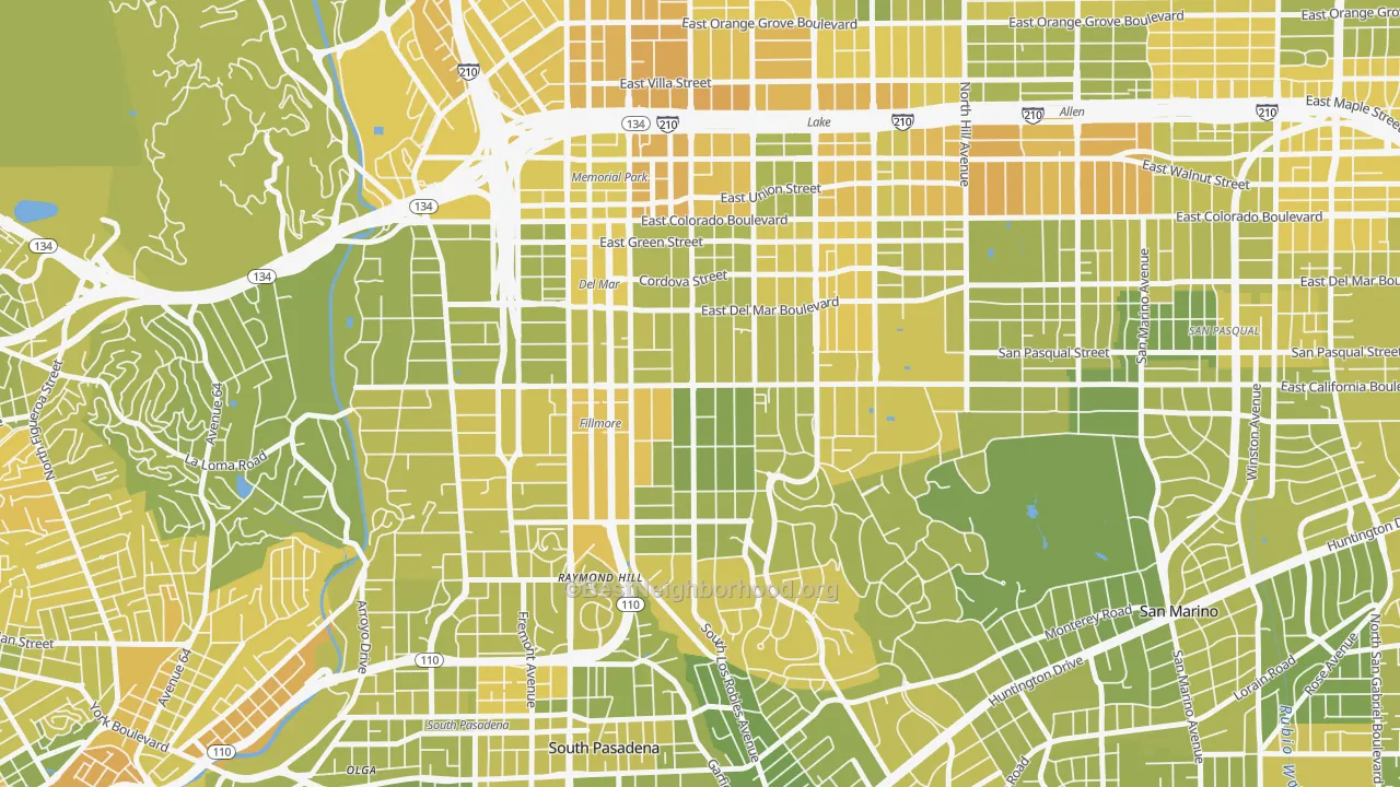 Map of the best neighborhoods in the Madison Heights, Pasadena area, with better matches in green and worse matches in red