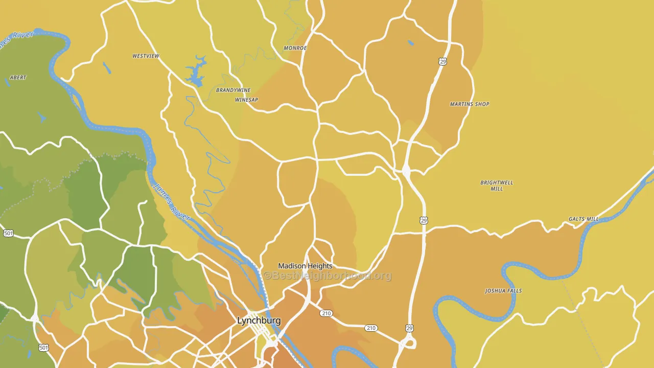 Map of the best neighborhoods in the Madison Heights area, with better matches in green and worse matches in red