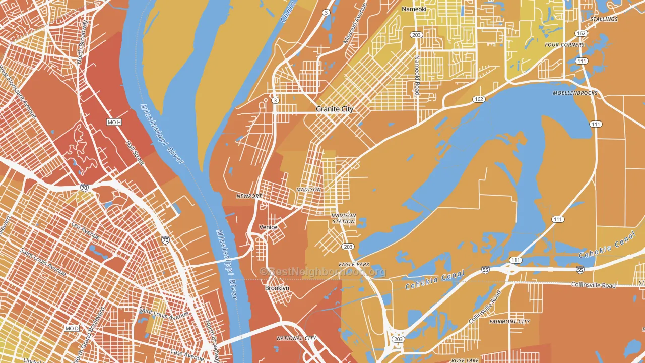 Map of the best neighborhoods in the Madison area, with better matches in green and worse matches in red