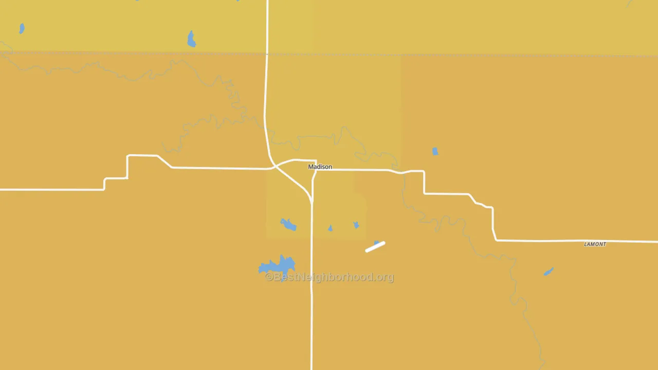 Map of the best neighborhoods in the Madison area, with better matches in green and worse matches in red