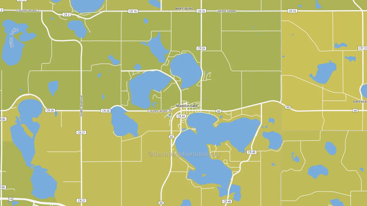 Map of the best neighborhoods in the Madison Lake area, with better matches in green and worse matches in red
