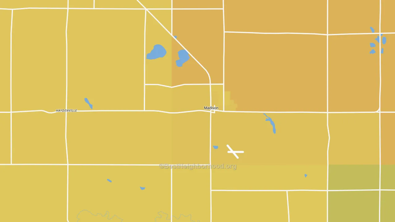 Map of the best neighborhoods in the Madison area, with better matches in green and worse matches in red