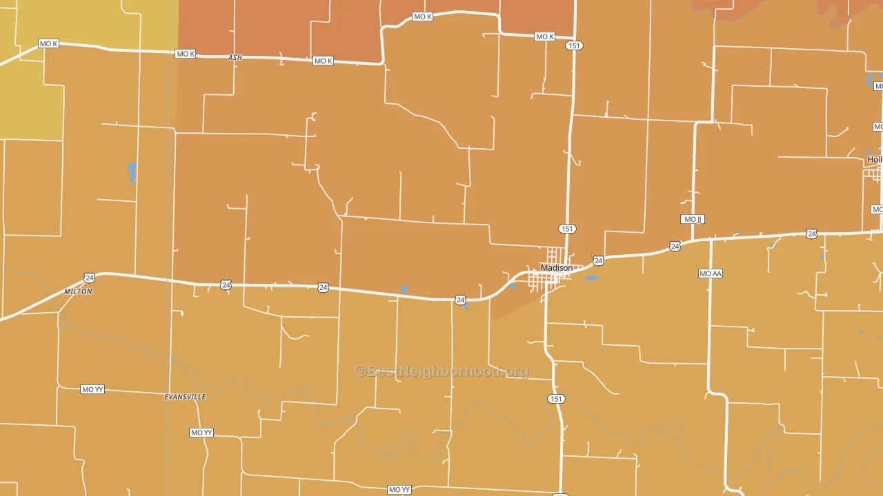 Map of the best neighborhoods in the Madison area, with better matches in green and worse matches in red