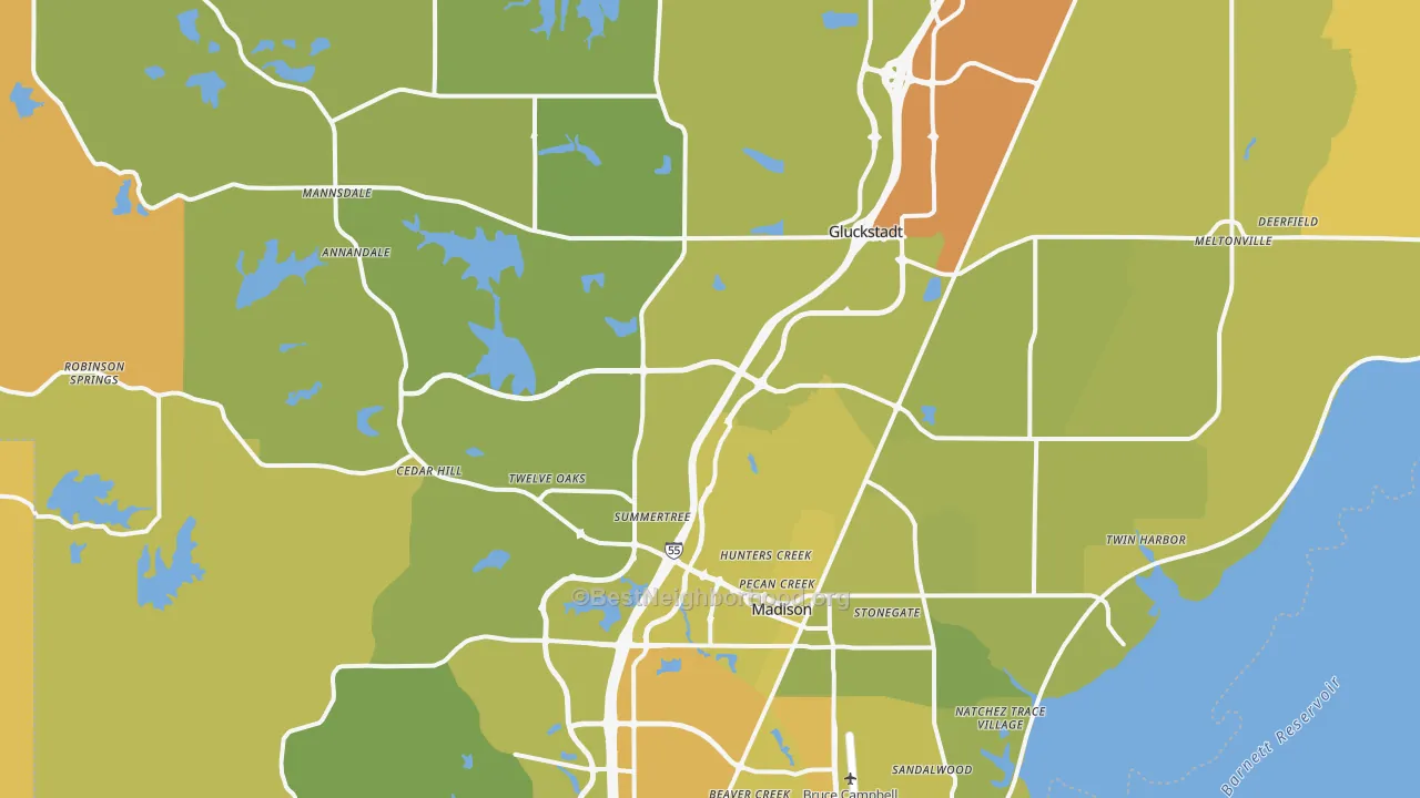 Map of the best neighborhoods in the Madison area, with better matches in green and worse matches in red