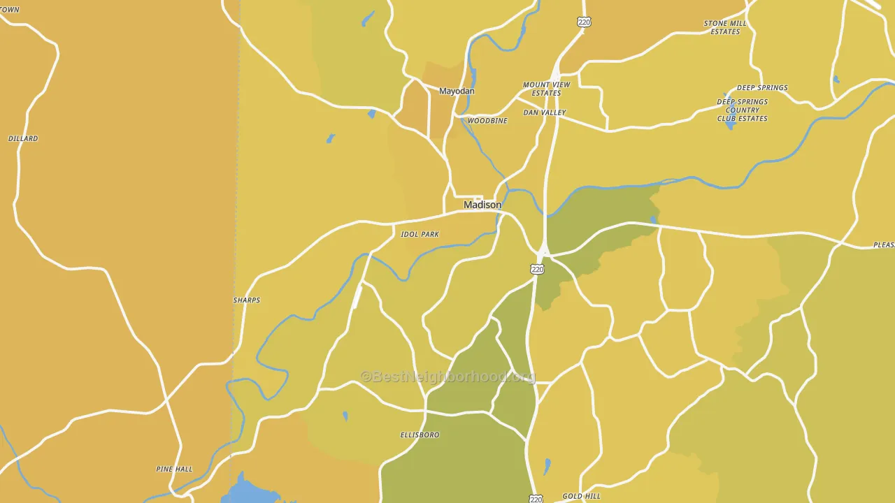 Map of the best neighborhoods in the Madison area, with better matches in green and worse matches in red