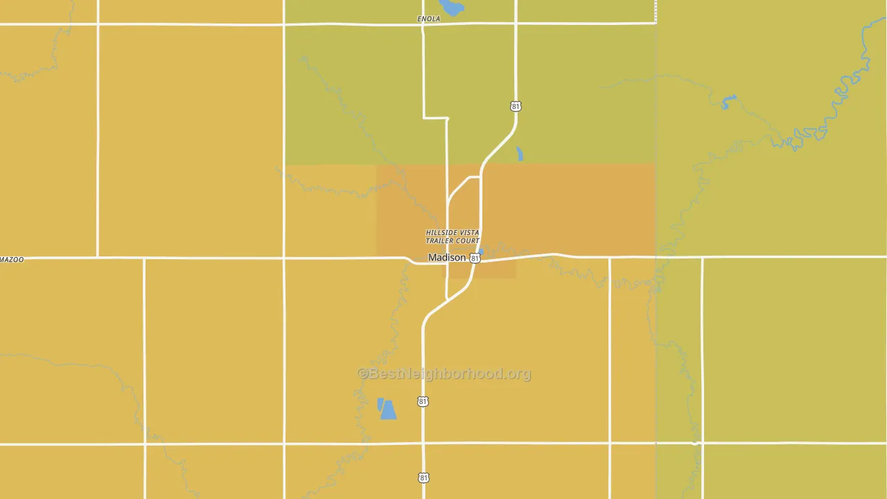 Map of the best neighborhoods in the Madison area, with better matches in green and worse matches in red