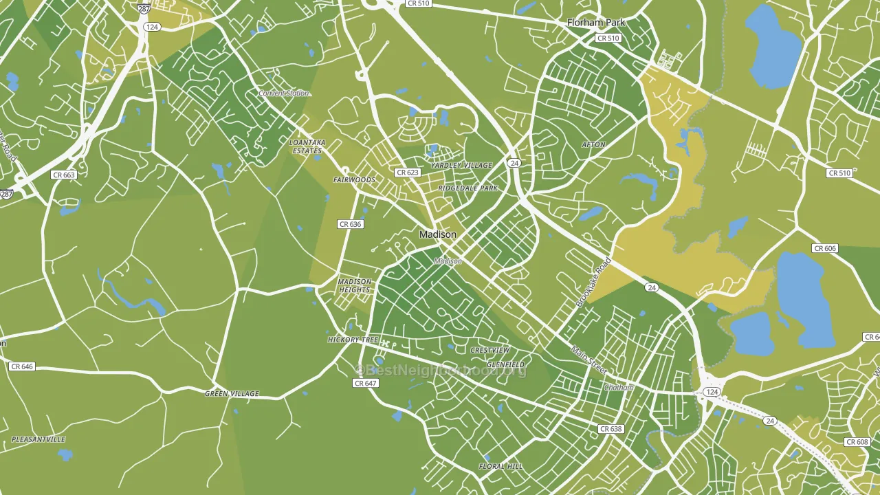 Map of the best neighborhoods in the Madison area, with better matches in green and worse matches in red