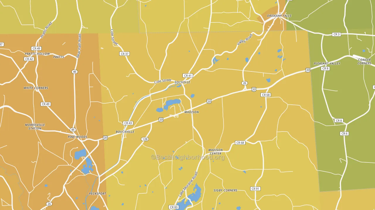 Map of the best neighborhoods in the Madison area, with better matches in green and worse matches in red