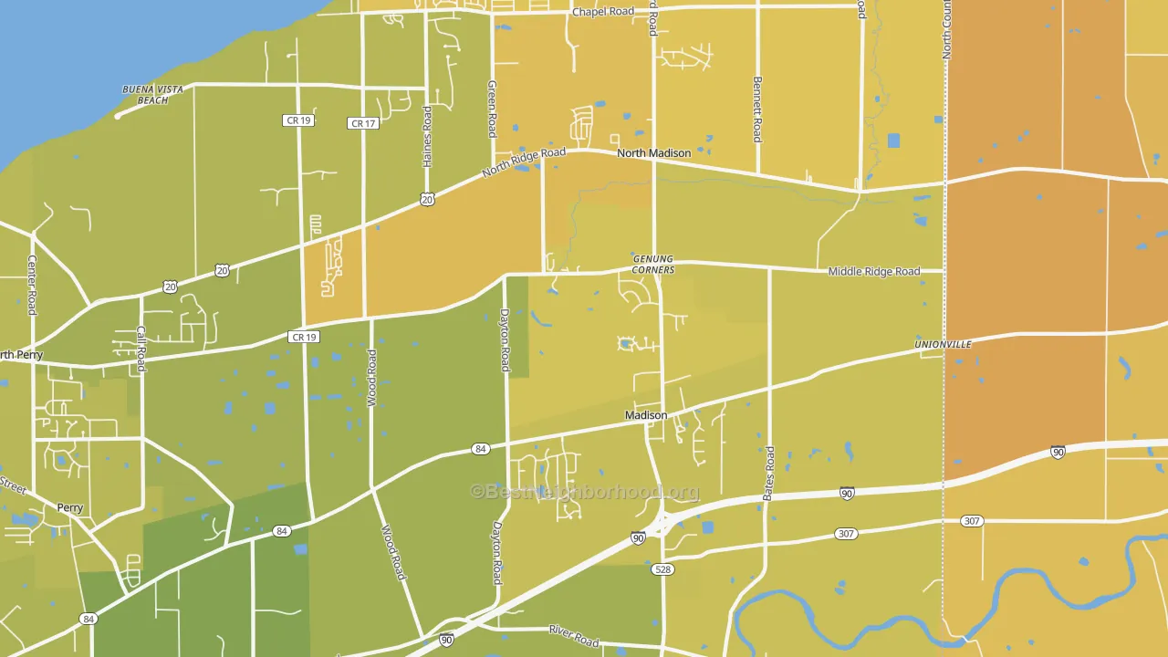 Map of the best neighborhoods in the Madison area, with better matches in green and worse matches in red