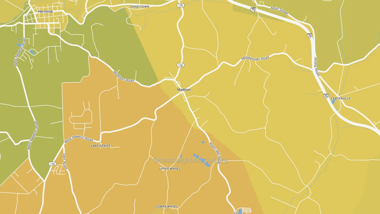 Map of the best neighborhoods in the Madison area, with better matches in green and worse matches in red