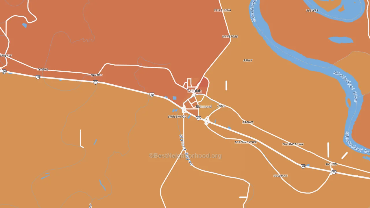 Map of the best neighborhoods in the Madison Parish area, with better matches in green and worse matches in red