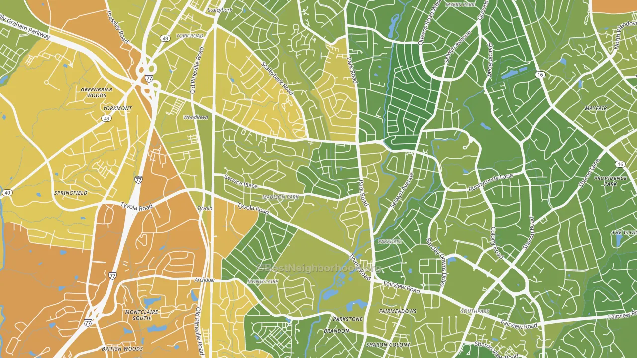 Map of the best neighborhoods in the Madison Park, Charlotte area, with better matches in green and worse matches in red
