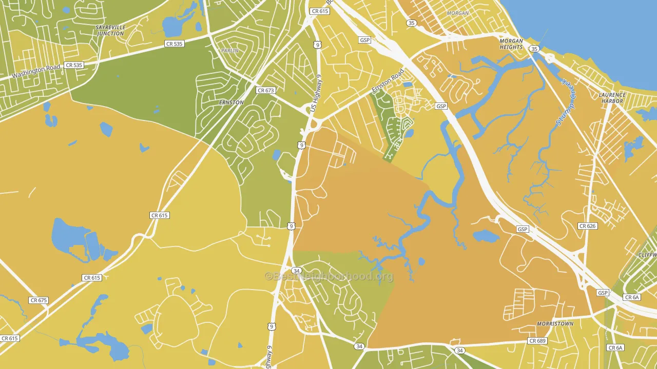 Map of the best neighborhoods in the Madison Park area, with better matches in green and worse matches in red