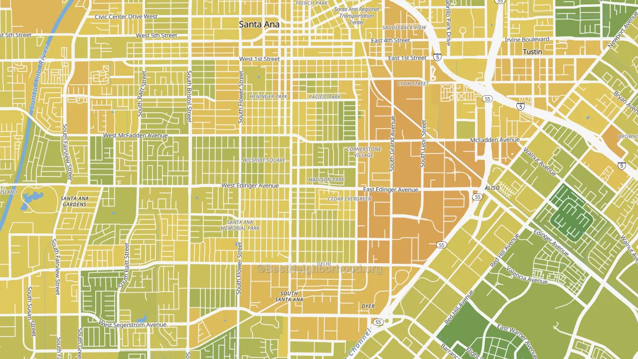 Map of the best neighborhoods in the Madison Park, Santa Ana area, with better matches in green and worse matches in red