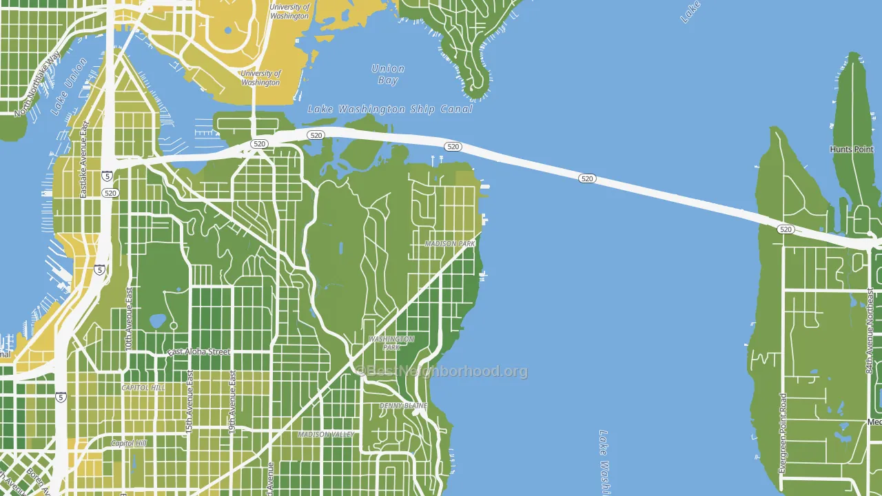 Map of the best neighborhoods in the Madison Park, Seattle area, with better matches in green and worse matches in red