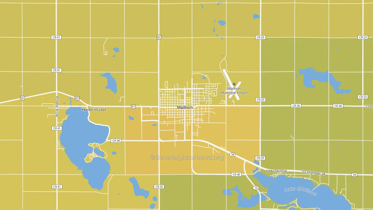 Map of the best neighborhoods in the Madison area, with better matches in green and worse matches in red
