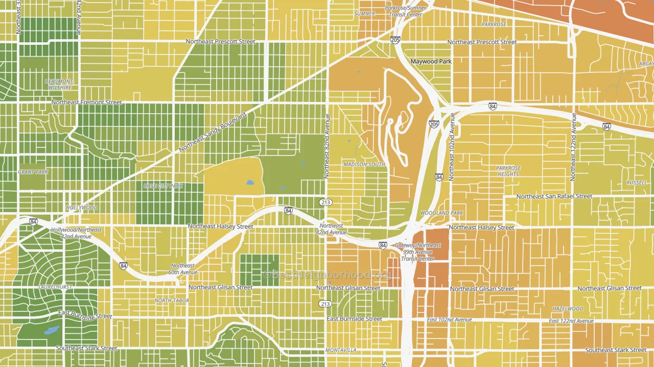 Map of the best neighborhoods in the Madison South, Portland area, with better matches in green and worse matches in red