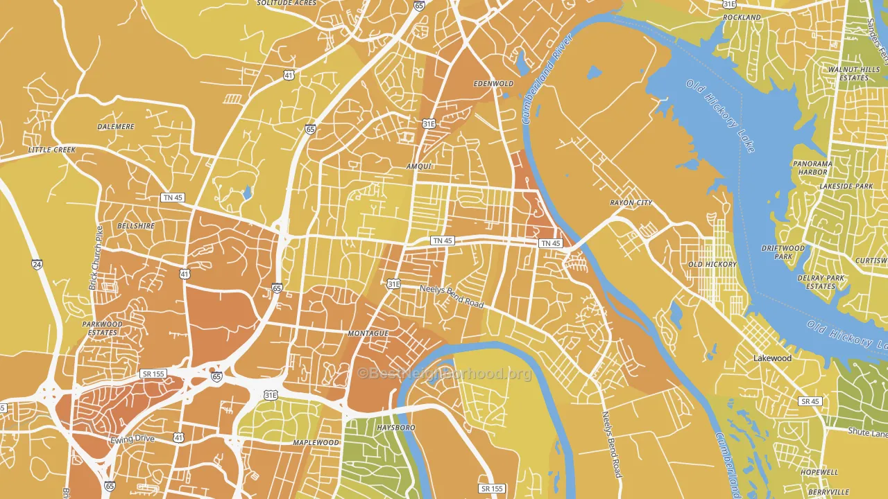 Map of the best neighborhoods in the Madison area, with better matches in green and worse matches in red