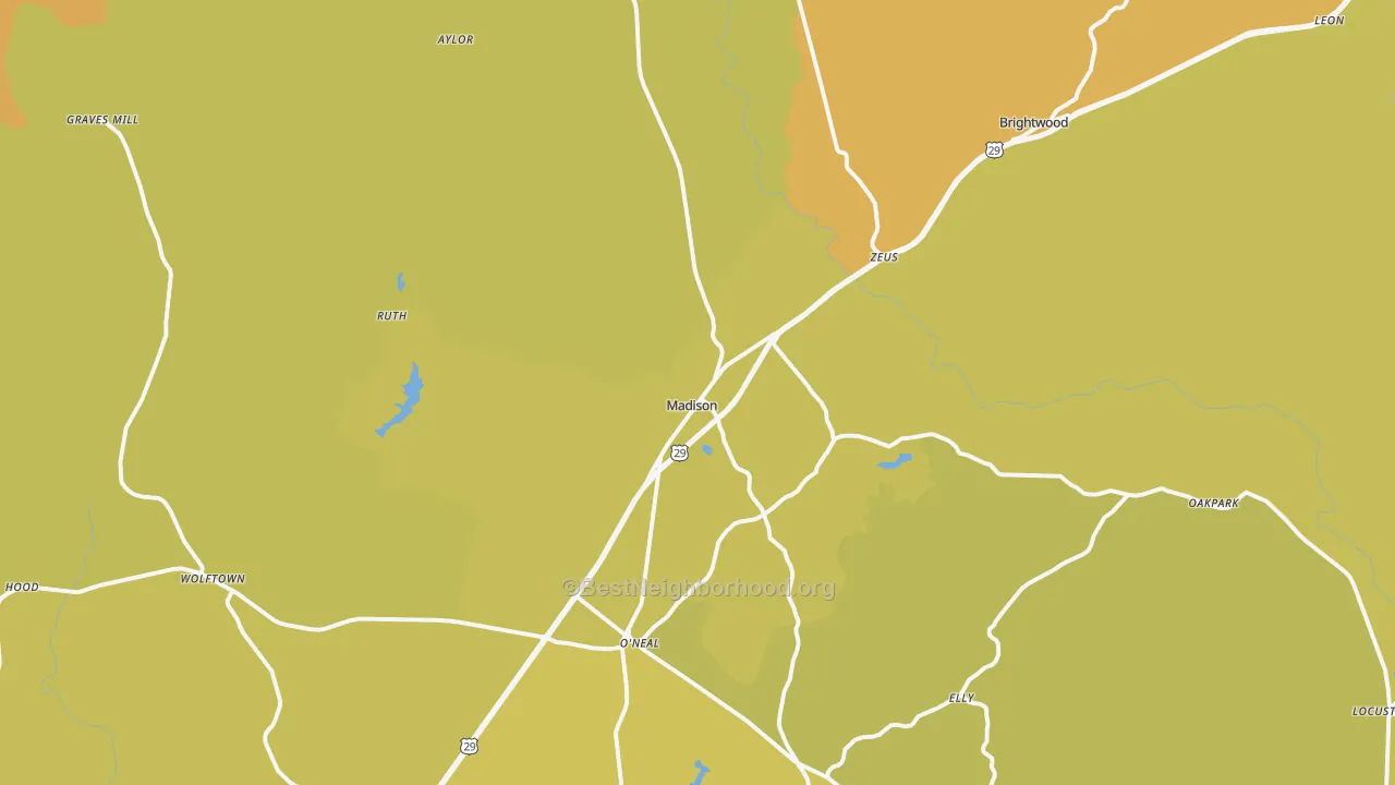 Map of the best neighborhoods in the Madison area, with better matches in green and worse matches in red