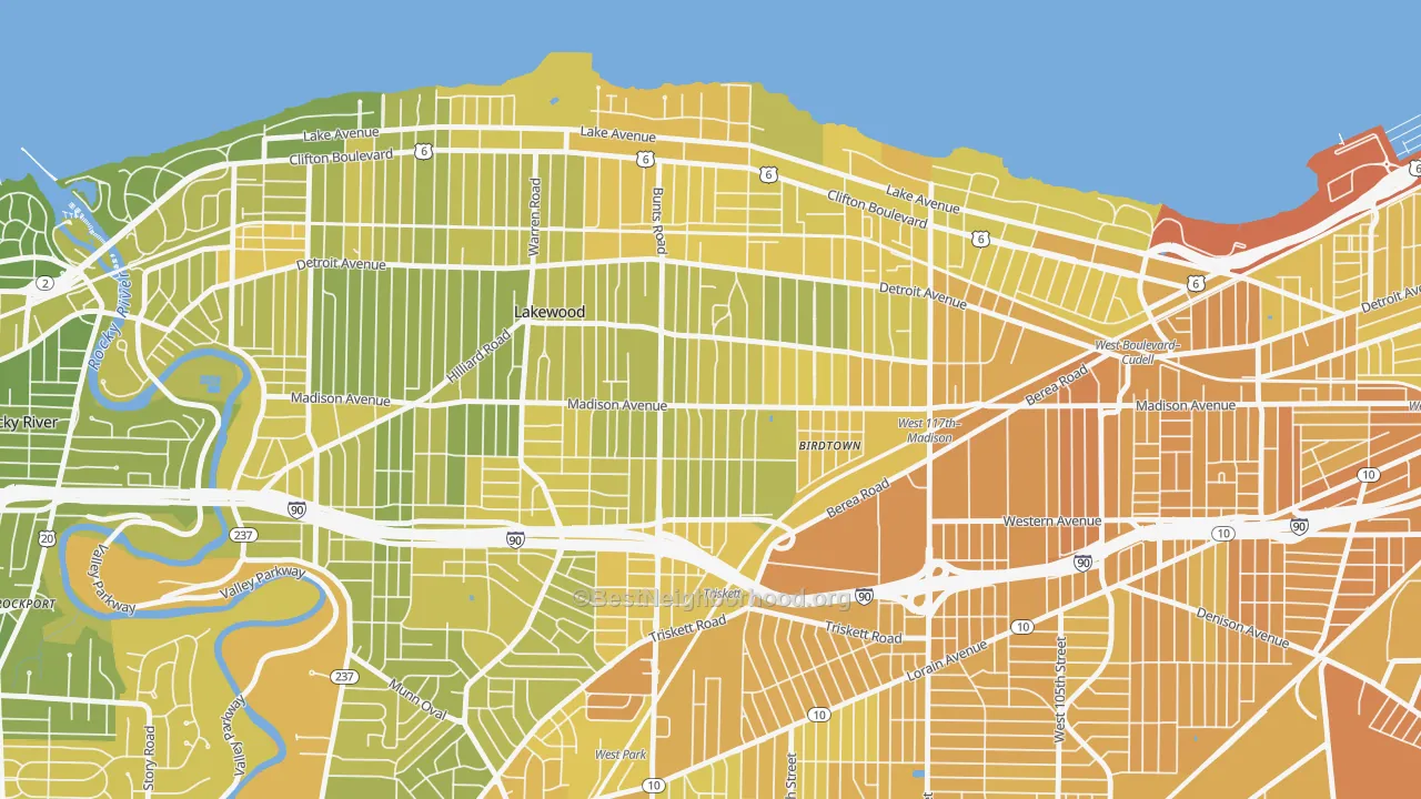 Map of the best neighborhoods in the Madison Village, Lakewood area, with better matches in green and worse matches in red