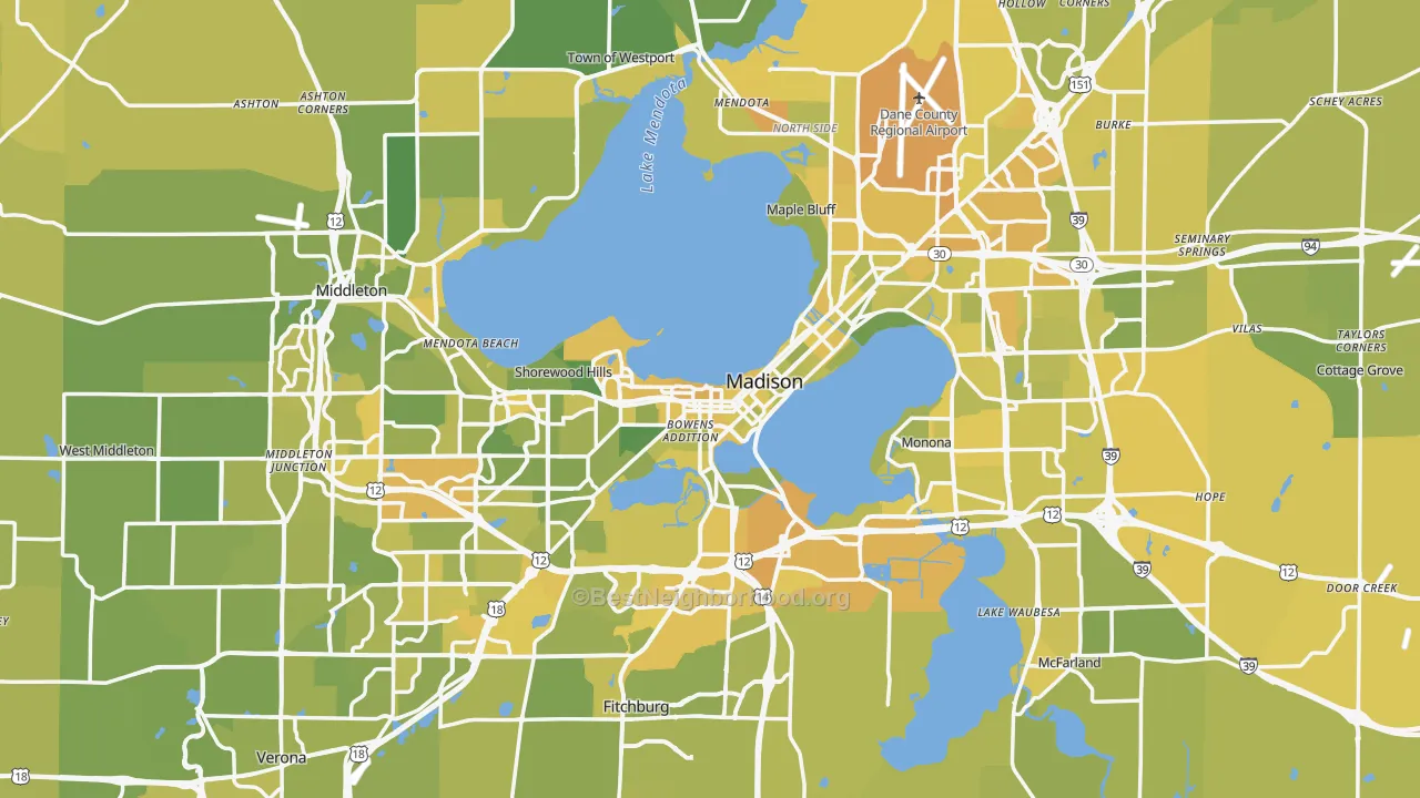 Map of the best neighborhoods in the Madison Metro area, with better matches in green and worse matches in red