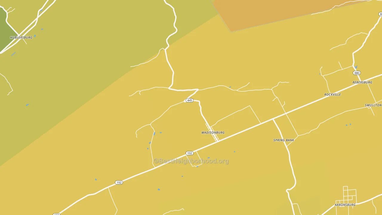 Map of the best neighborhoods in the Madisonburg area, with better matches in green and worse matches in red