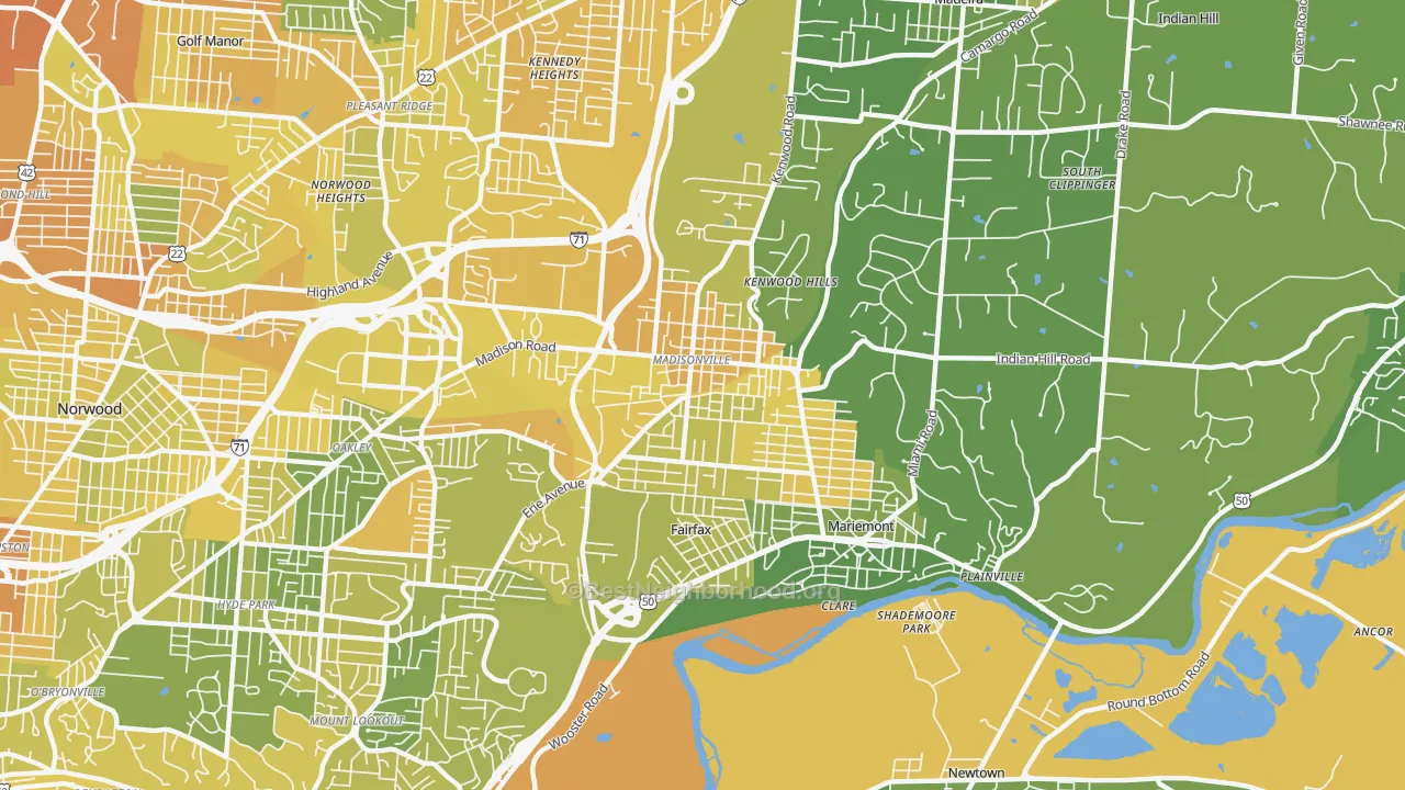 Map of the best neighborhoods in the Madisonville, Cincinnati area, with better matches in green and worse matches in red