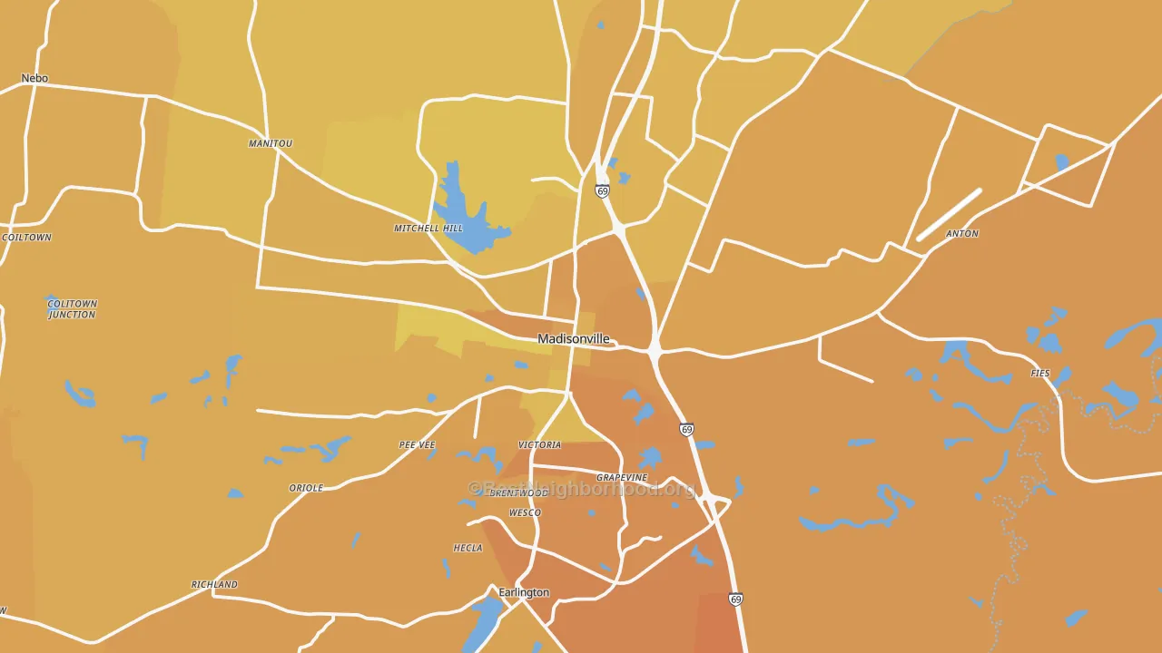 Map of the best neighborhoods in the Madisonville area, with better matches in green and worse matches in red