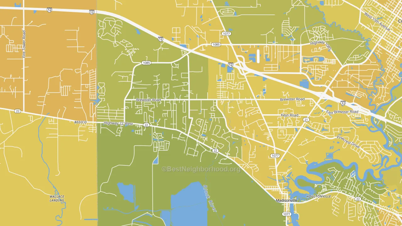 Map of the best neighborhoods in the Madisonville area, with better matches in green and worse matches in red