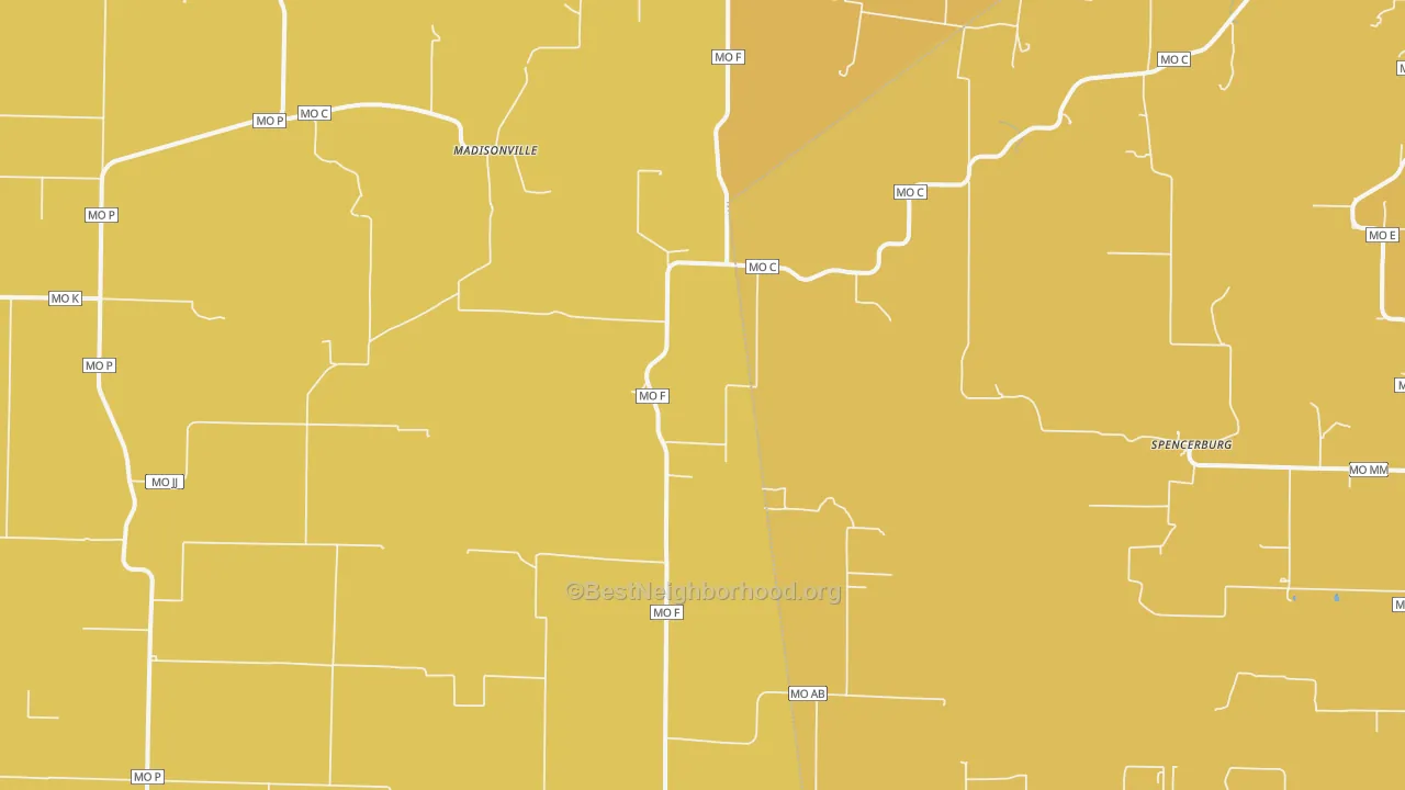 Map of the best neighborhoods in the Madisonville area, with better matches in green and worse matches in red