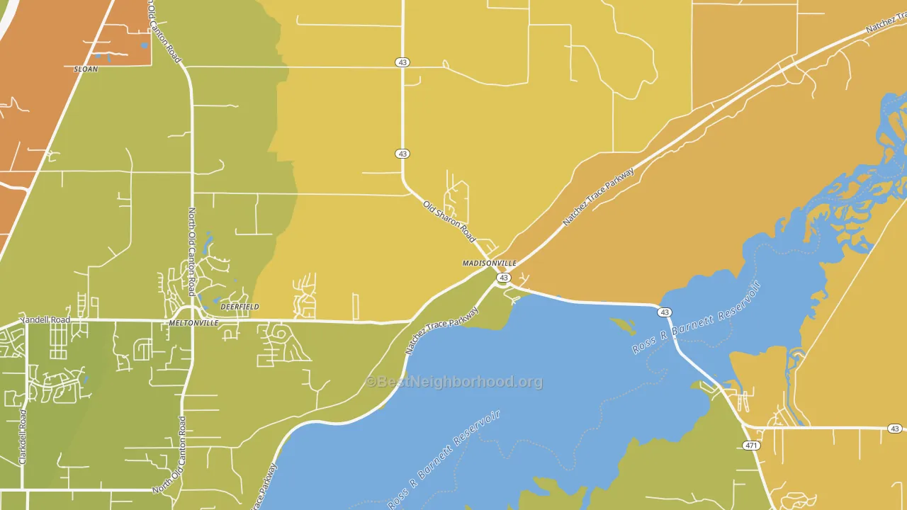 Map of the best neighborhoods in the Madisonville area, with better matches in green and worse matches in red