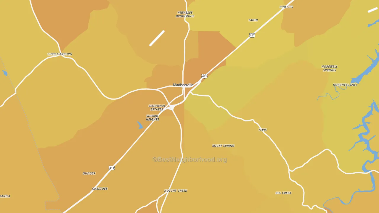 Map of the best neighborhoods in the Madisonville area, with better matches in green and worse matches in red