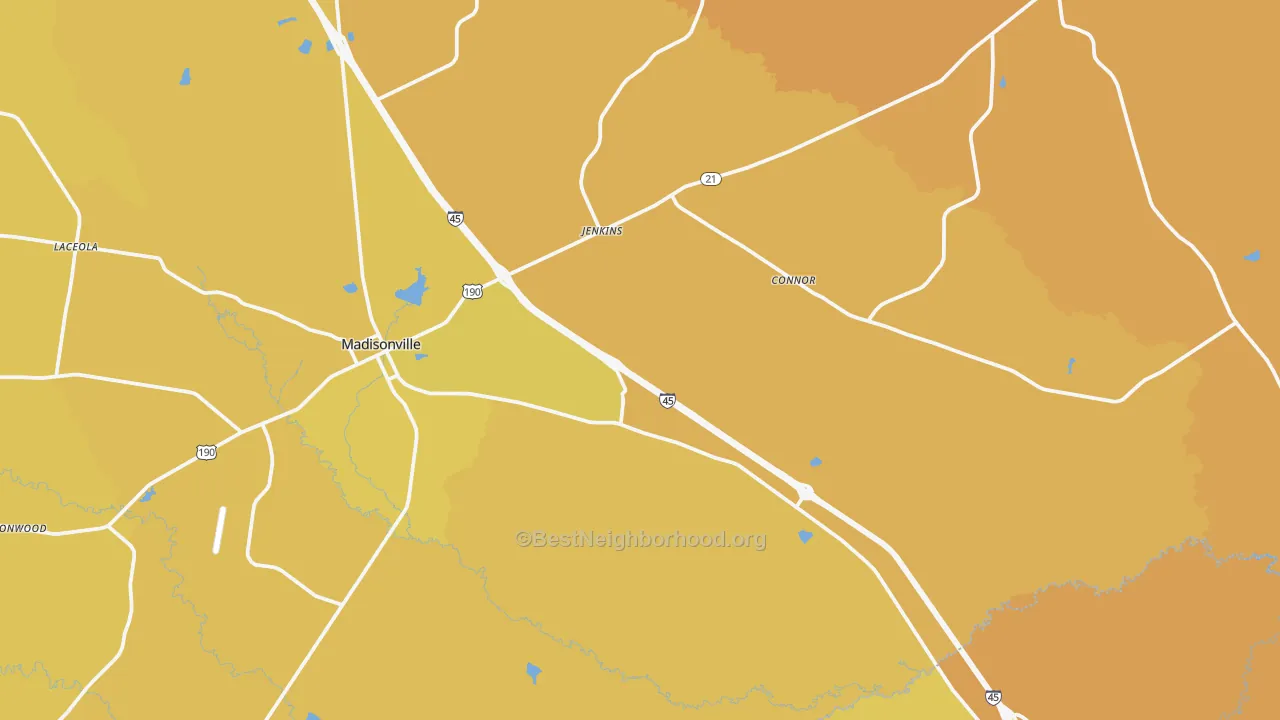 Map of the best neighborhoods in the Madisonville area, with better matches in green and worse matches in red