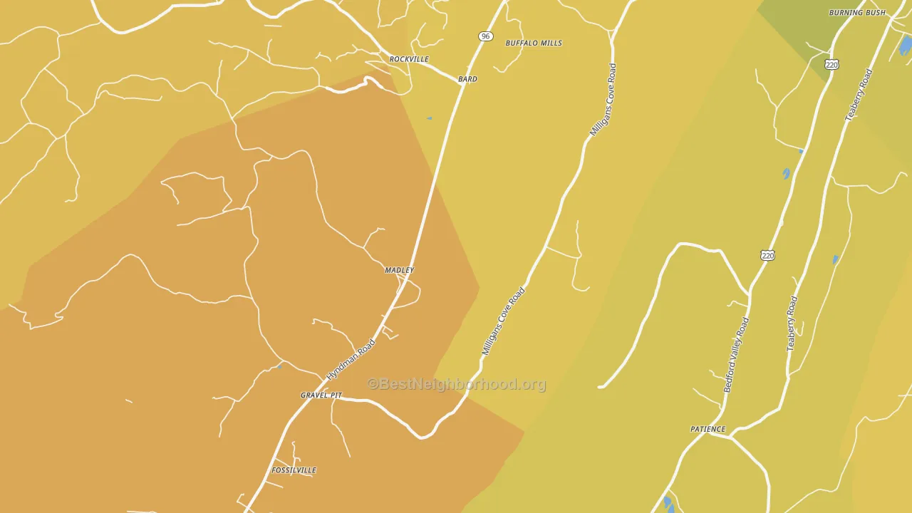 Map of the best neighborhoods in the Madley area, with better matches in green and worse matches in red