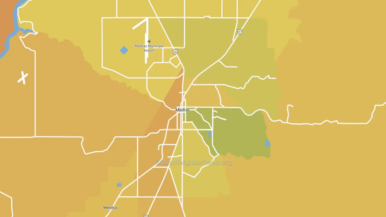 Map of the best neighborhoods in the Madras area, with better matches in green and worse matches in red