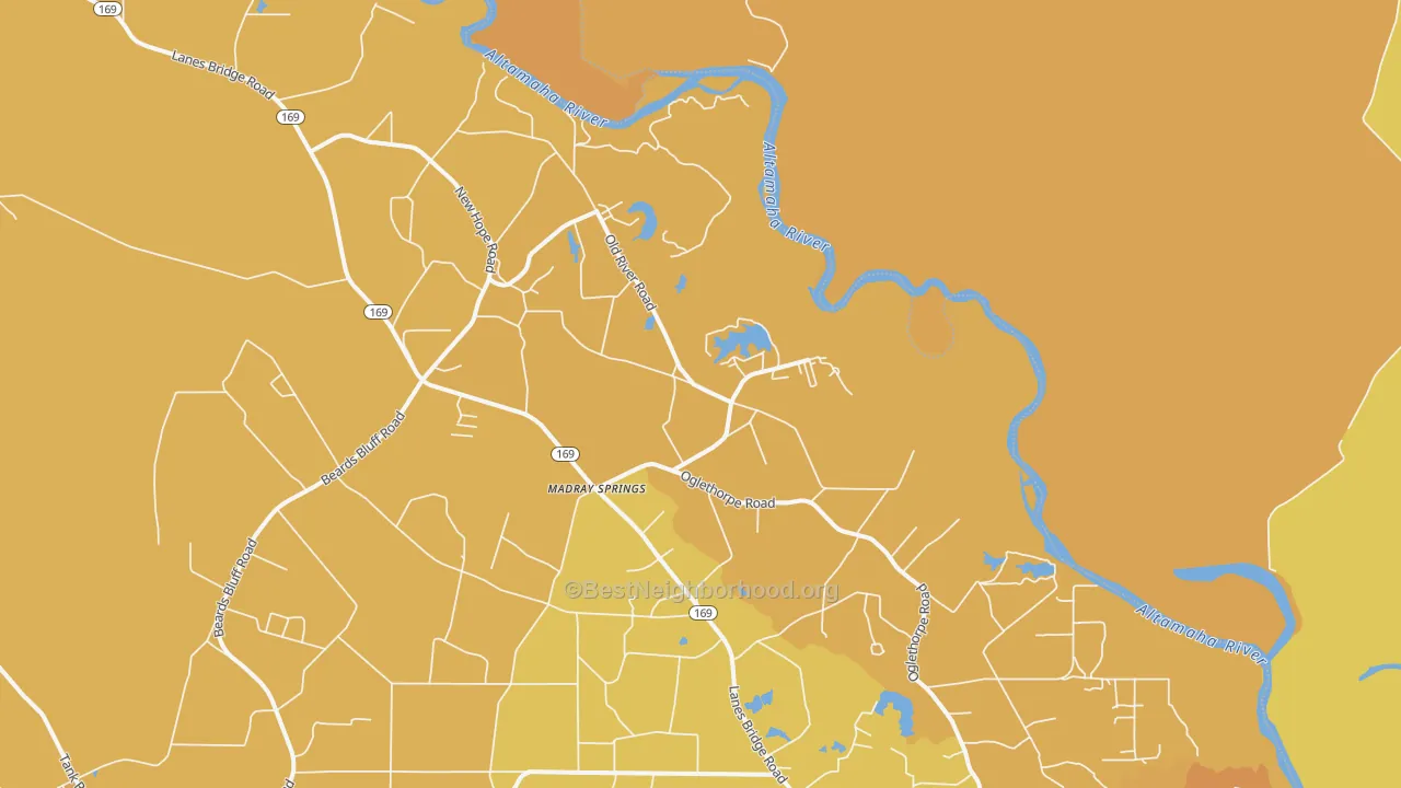 Map of the best neighborhoods in the Madray Springs area, with better matches in green and worse matches in red