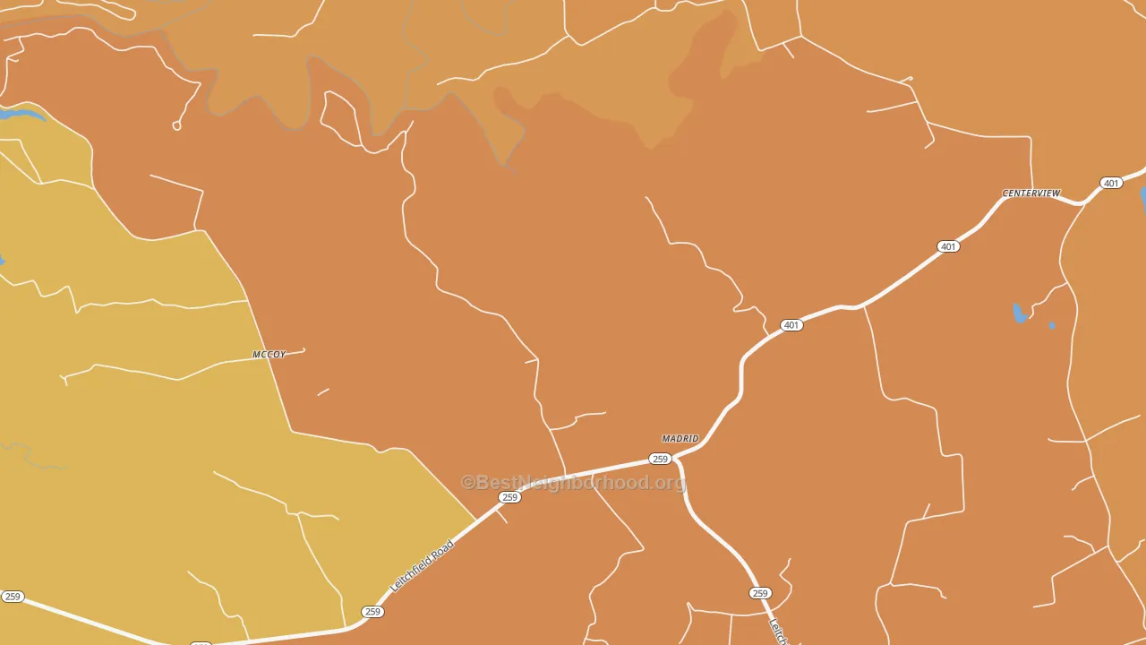 Map of the best neighborhoods in the Madrid area, with better matches in green and worse matches in red