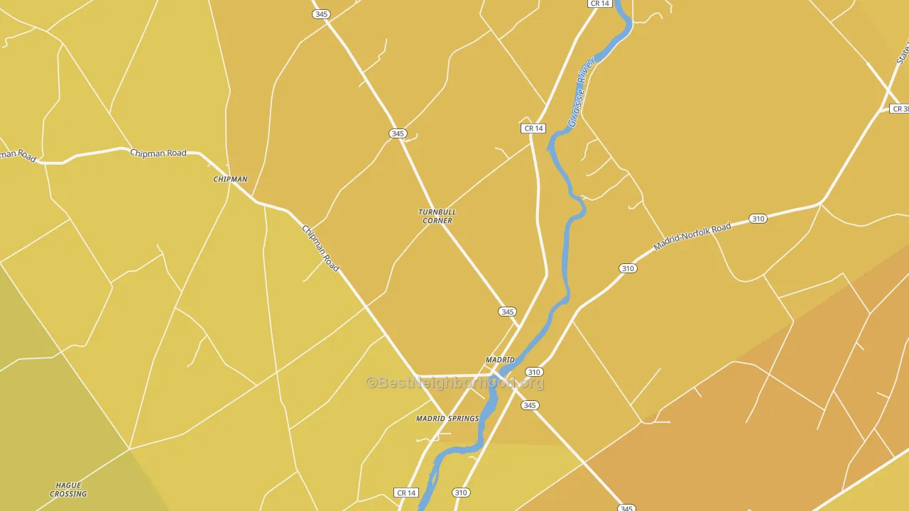 Map of the best neighborhoods in the Madrid area, with better matches in green and worse matches in red