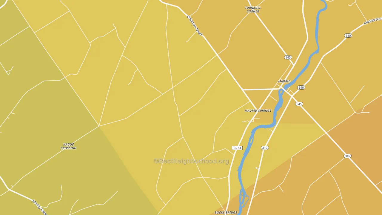 Map of the best neighborhoods in the Madrid Springs area, with better matches in green and worse matches in red