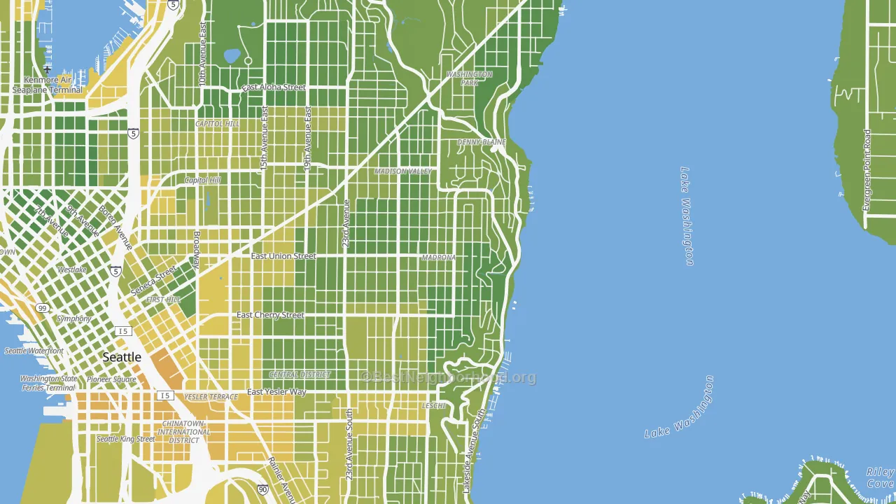 Map of the best neighborhoods in the Madrona, Seattle area, with better matches in green and worse matches in red